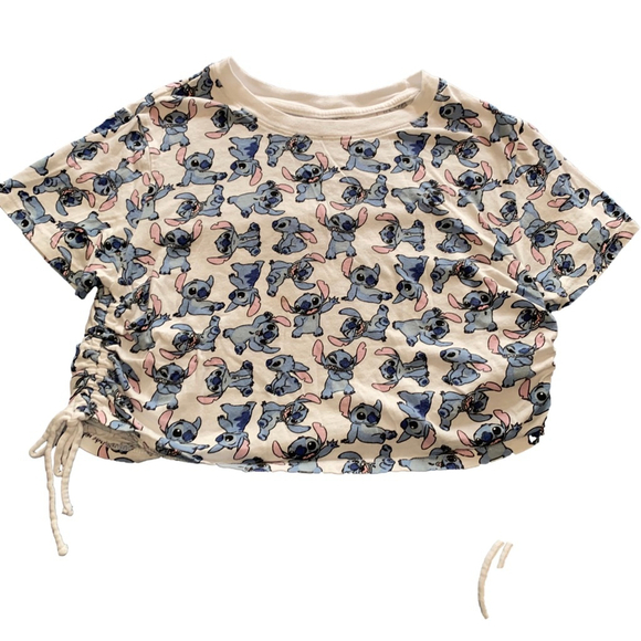 Girls Disney Stitch Cropped T-shirt with drawstrings Size M White Blue - Picture 1 of 3